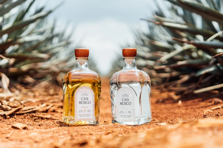 Casa México Añejo and Blanco tequila bottles standing upright side by side with wooden stoppers on red soil